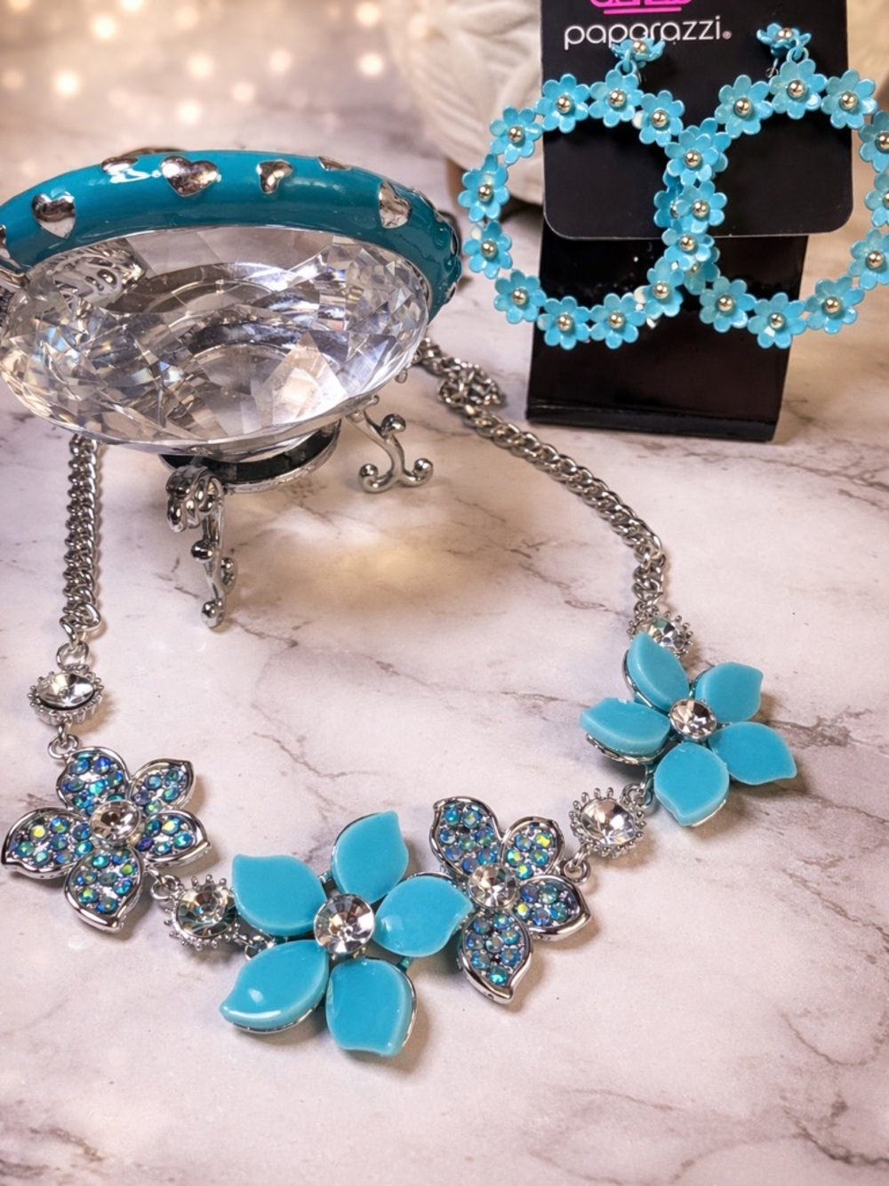 paparazzi Turquoise Floral Statement Necklace and Hoop Earrings Set
